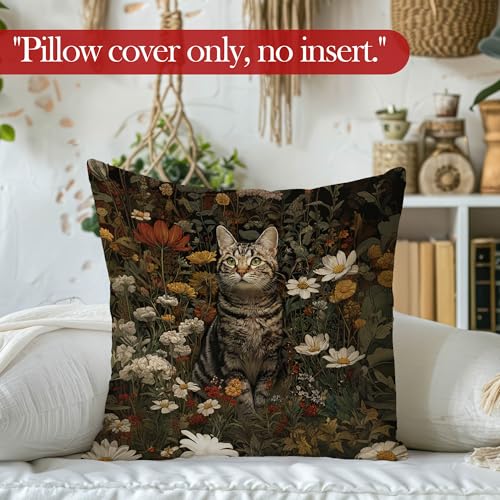 Vintage Floral Tabby Cat Throw Pillow Cover, Cat Lovers Gifts, Dark Cottagecore Flower Kitten Decorative Pillowcases Cushion Cases for Home Bedroom Living Room Decor, 18x18 Pillow Covers - color: Animal_14