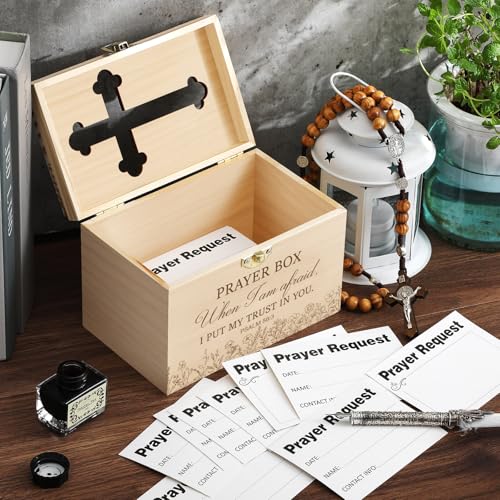 Croblissful Prayer Request Box with 100 Pcs Prayer Cards, Wooden, Rustic - style: Rustic