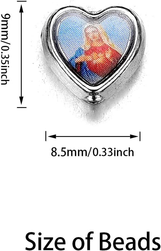 100pcs Heart Shape Our Lady Jesus Cross Saint Mary with Medal Rosary Beads DIY Necklace Bracelets Beads for making jewellery - color: Multicolor