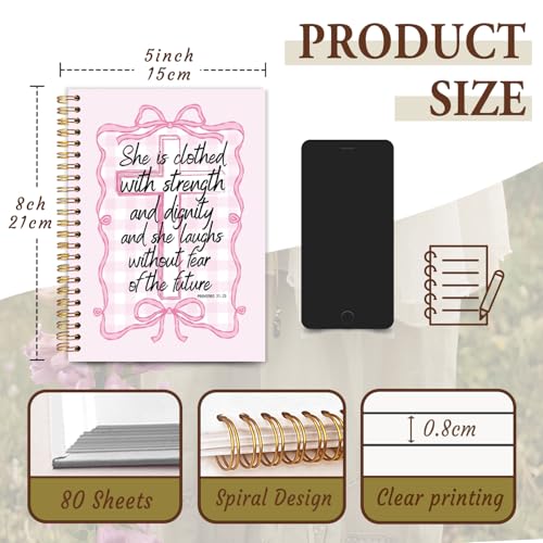 Inspirational Christian Notebook Journal, Coquette Preppy Pink Bow Bible Verse Journal for Women, Pink Girly Office Supplies, Religious Scripture Spiral Notebook 5.5x8.3 Inch - color: Proverbs 31:25-Bow