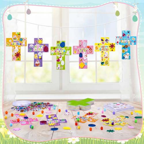 Funrous 48 Sets Crafts Kit Paper Crafts DIY Make Your Own Hanging Ornaments with Pompoms Diamond Stickers for Holiday Classroom Activities Party Favors, Easter Cross - style: Easter Cross