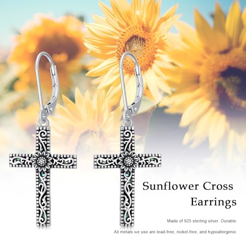 925 Sterling Silver Sunflower/Rose/Plumeria/Hibiscus/Mushroom Cross Earrings for Women Hawaiian Flower/Butterfly Cross Dangle Drop Earrings Jewelry Faith Christian Gift for Her Daughter Wife Girlfriend - style: Sunflower