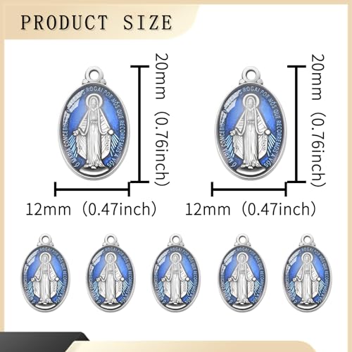40Pcs Oval Alloy Blue Enamel Catholic Medalla Milagrosa de La Virgen Maria Charm Pendant for Diy Rosary Necklace Mexican Bracelet Jewelry Making