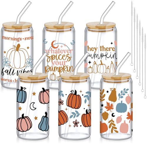 SiliFine 6 Pcs Fall Pumpkin Glass Cups, 16 oz with Lids and Straws - style: Harvest