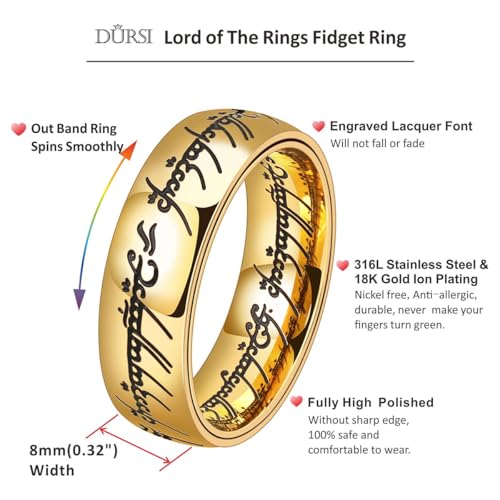 Men's Spinner Fidget Ring for Anxiety Lord of The Rings Ring for Men Women Stainless Steel Gold Ring - color: 18K Gold