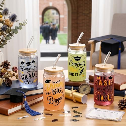 Glass Cups with Lids and Straws, 4Pack, 16oz, Graduation - color: Graduation