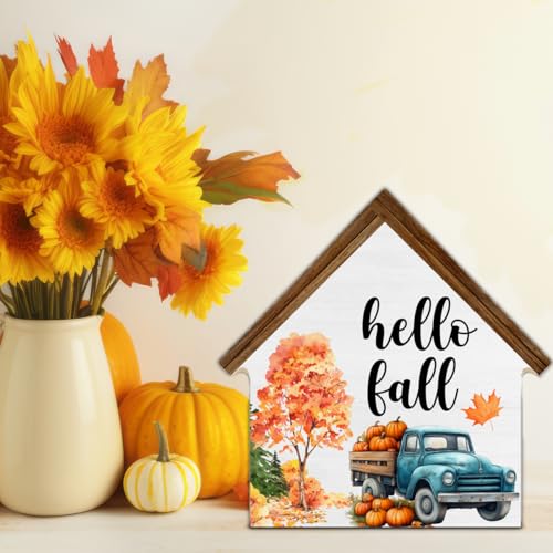 Rustic Fall Decor, Hello Fall House Shaped Wood Block Sign - color: Hello