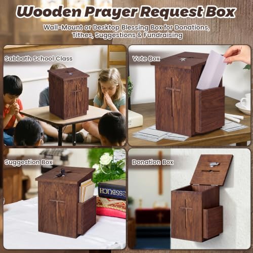 Sliner Prayer Request Box Wood Cross Offering Church Donation Charity Ballot Suggestions Box with Slot and Lock Hinged Lid for Envelopes Suggestion Forms Table or Counter (Dark Wood) - color: Dark Wood