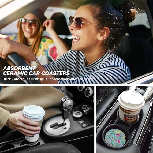 80s 90s Pattern Car Cup Holder Coasters 2 Pack 2.63" for Women - color: Turquoise