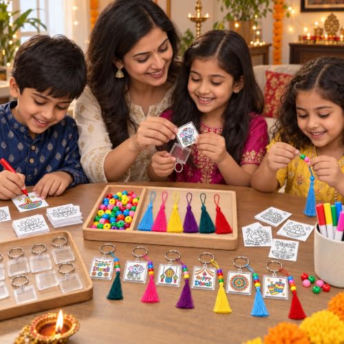 Cinrobiye 24 Sets Diwali Keychain Craft Kit, Make Your Own Photo Keychains, Color Your Own Deepavali Festival of Lights Keepsakes, Personalized Keychain Crafts for Diwali Party Favors - style: Diwali