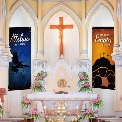 Sayglossy 6 Pcs Easter Church Banners for Sanctuary 6 x 3 ft Church Banners with Scripture Religious Empty Tomb He is Risen Hanging Backdrop Signs for Indoor Easter Holy Week Christian Event