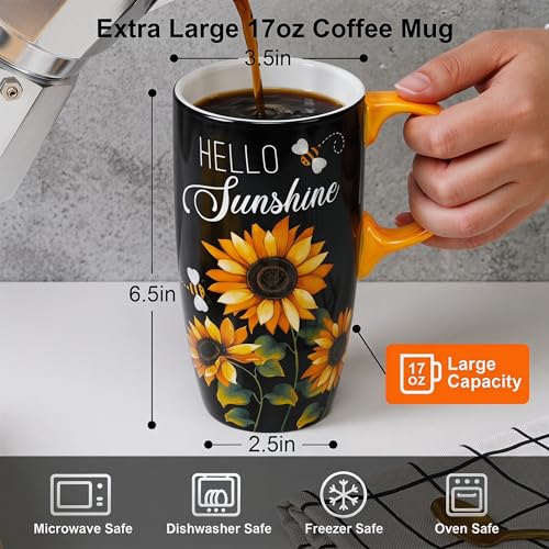 Topadorn 17oz Ceramic Travel Mug with Lid, Sunflower Coffee Mug - color: Black & Yellow