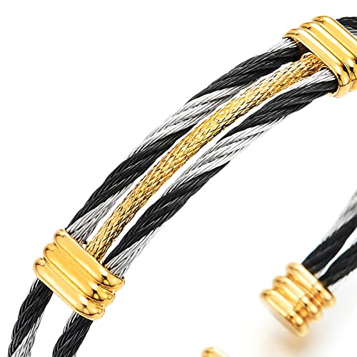 Men Women Stainless Steel Twisted Cable Adjustable Cuff Bangle Bracelet - color: I-Metal Color: Black & Silver & Gold