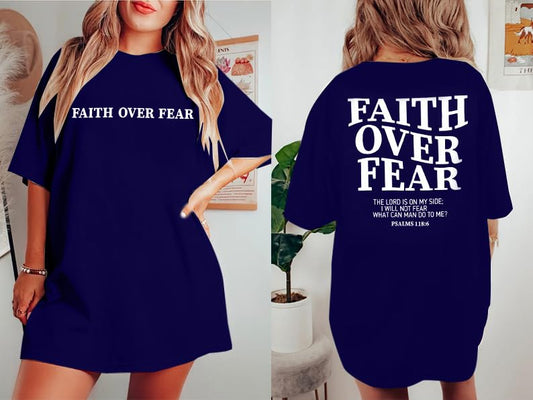 BANGELY Faith Over Fear Shirt Women Graphic Shirts Oversized Workout Gym Christian Religious Tees Drop Shoulder Tee Tops - color: A-blue, size: Small