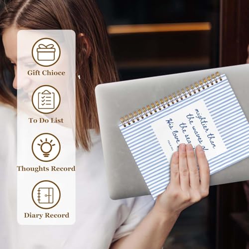 Blue Striped Christian Notebook Journal 5.5x8.3, Mightier Than the Waves Religious Bible Spiral Hardcover Journal Notebook for Prayer Church Note Taking - color: Stripe blue