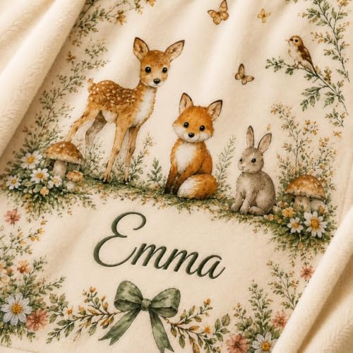 Personalized Woodland Animals Baby Blanket, Custom Name Deer Fox Bunny Blanket, Forest Nursery Decor, Soft Minky Throw - color: Forest Blanket #3