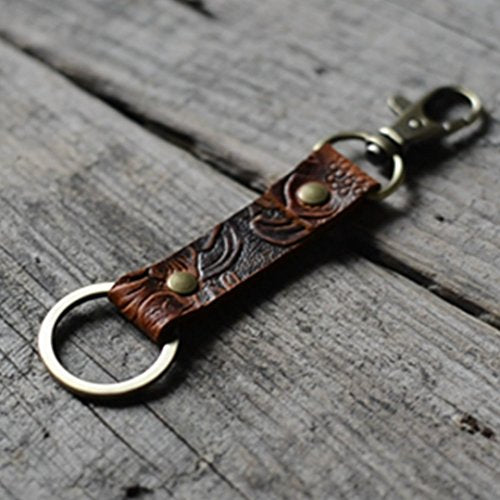 JJNUSA Genuine Leather Keychain Walnut Leather Key Holder Mens Belt Key Chain Ring Fob - color: Flower Brown