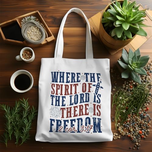 VICBOU Bible Verse Canvas Tote Bag Religious Christian Gifts for Women Men Faith Canvas Tote Reusable Grocery Bag - color: Freedom