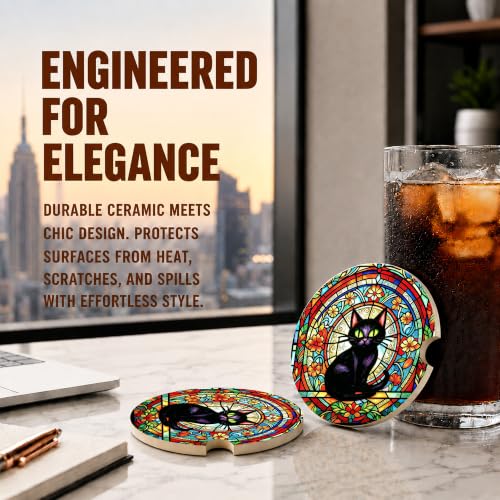 Black Cat Stained Glass Car Coasters, Retro Floral Gothic Cup Holders, 15 - color: Black Cat Stained Glass