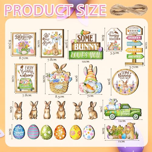 Amyhill 24 Pcs Easter Tiered Tray Decor Bunny Easter Spring Decorations Farmhouse Wooden Signs Gnome Egg Flower Tiered Tray Decor for Home Kitchen Coffee Bar Table Shelf - style: Delicate Easter