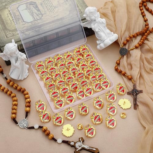 Juexica 50 Pcs Religious Sacred Heart of Jesus Pins Bulk Christian Favors Cross Enamel Lapel Brooch Red Heart Pins for Clergy Appreciation Gift Church Funeral Sunday School - style: Sacred