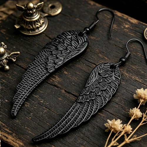 coadipress Angel Wing Earrings for Women Unique Silver Plated Fairy Feather Guardian Dangle Drop Hook Earrings Jewelry - color: Black Wing
