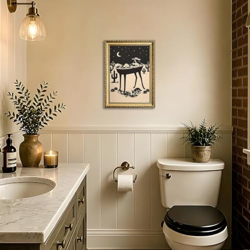 Funny Cowgirl Bathroom Wall Art, Vintage Western Cowgirl in Bathtub Wall Decor Picture Southwestern Desert Cowboy Canvas Prints Painting for 12x16 Inch Gold Framed - color: Cowboy-X, size: 16"L x 12"W