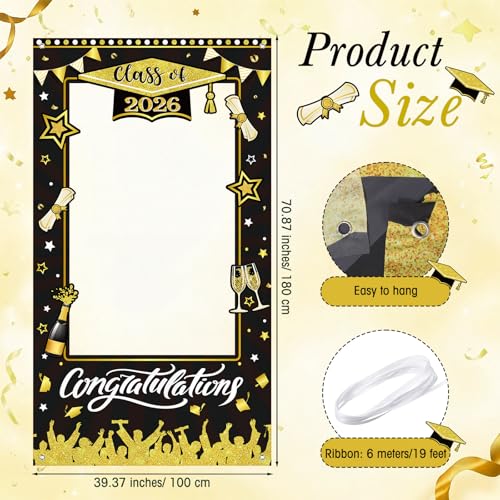 WovWeave Class of 2026 Graduation Photo Booth Props Frame 71x39 Inch - Black and Gold Graduation Decorations Backdrop Large Congratulations Banner for High School College Party Selfie Background - style: Black Gold Grad