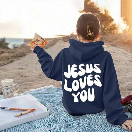 Christian Jesus Loves You Hoodie For Teen Girls Cute Graphic Hoodies Kids Bible Verse Faith Sweatshirt God Pullover - color: Navy Blue, size: 12-13 Years