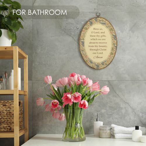 Fewgb Catholic Prayer Bless Us O Lord Oval Wall Art Decor for Dining Room Kitchen, Vintage Christian Mealtime Prayer Canvas Wall Art Framed Prints, Religious Floral Hanging Decor Picture Artwork 9x12 - color: catholic-01