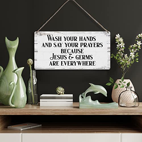 MIGUMUTU Wash Your Hands and Say Your Prayers Because Jesus & Germs Are Everywhere Sayings Home Wall Decor Wooden Signs Rustic Farmhouse Hanging Wall Plaque Sign Bathroom Gift - color: Wash hands