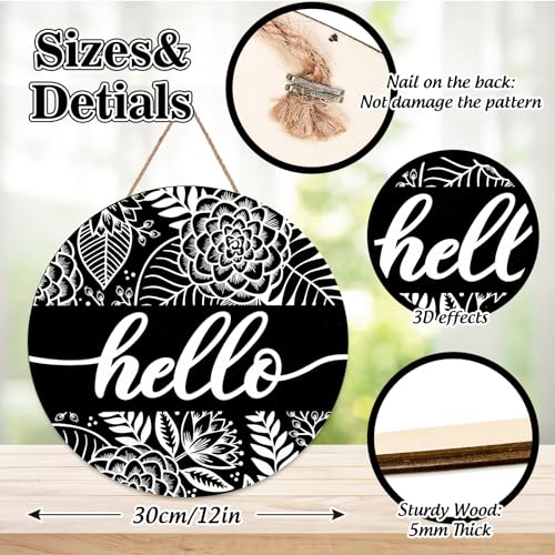 JarThenaAMCS Flower 3D Welcome Door Sign White Black Floral Wooden Hanging Sign Rustic Round Door Hanger for Spring Indoor Outdoor Farmhouse Home Porch Window Wall Decor, 12 Inch - style: Hello Flower