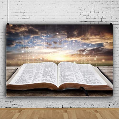 5x3ft Jesus Christ Backdrop Light of Wisdom Emit from The Opened Holy Bible Book Bokeh Sunset Glitter Glow Photography Background Christian Church Sanctuary Banner Decor Vinyl Studio Prop - size: 5x3ft