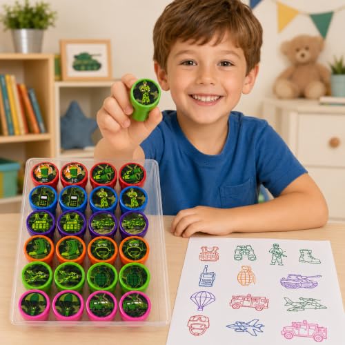 Cinrobiye 24 Pcs Military Stampers for Kids, Pre-Inked Army Soldier Stamp Set, Military Birthday Party Favors, Classroom Rewards, Goodie Bag Fillers, Treasure Box Prizes, Carnival Supplies - color: Army