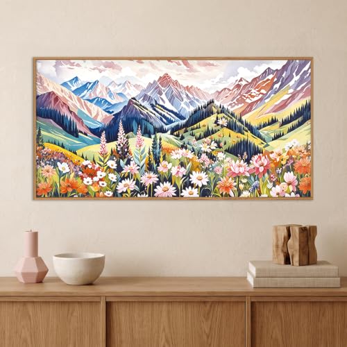 Colorful Floral Mountain Landscape Framed Canvas Wall Art- 40"x20"x1 - color: Pink Mountain Landscape Wall Art, size: 40"L x 20"W