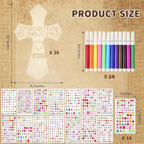 PLUVAVA 36 Sets Wood Cross Crafts DIY Wooden Cross for Christian Jesus Sunday School Vacation Bible School Crafts Supplies with 14 Pieces Stickers and 24 Pieces Watercolor Pens (Exquisite Style) - size: ExquisiteStyle