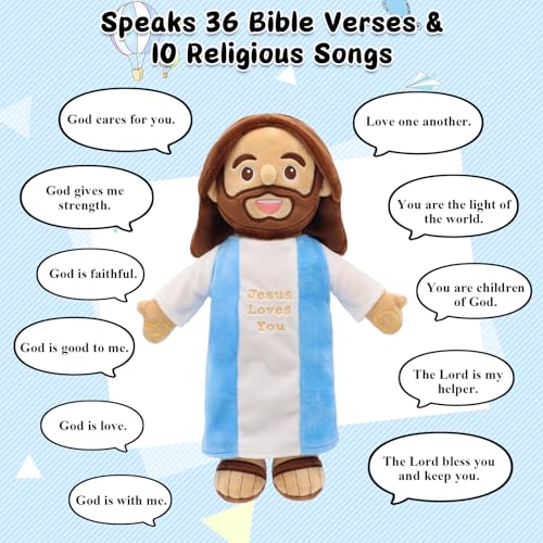 Speaking Jesus Doll - Speaks 36 Bible Verses & 10 Songs, 13” Talking Plush - color: Blue