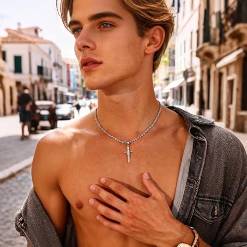 ALEXCRAFT Sterling Silver Plated Cross Necklace for Men Gold Plated Cross Necklaces for Women Trendy Stainless Steel Crucifix Pendant with 3mm 21inch Rope Chain - color: Silver-19.6in