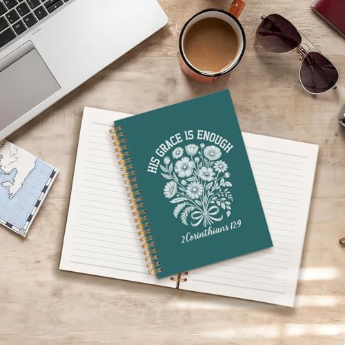 Boho Dark Teal Floral Christian Notebook Journal, His Grace Is Enough Religious Bible Verse Spiral Hardcover Notebook Journal for Church Notes Study Office Work, 5.5x8.3 Inch - color: Teal Flowers & Bible