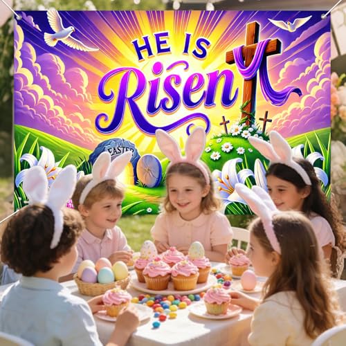 IVN He Is Risen Easter Banner 71x43 Inch Christian Cross Empty Tomb Lilies - color: He Is Risen Empty Tomb Cross Christian