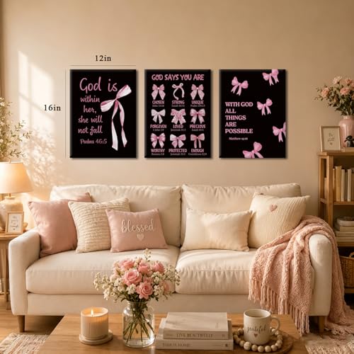 CXQILVER Pink Bow Christian Canvas Wall Art Set of 3, Trendy Preppy Pink and Black Inspirational Scripture Wall Decor Cute Coquette Bible Verse Posters for Girls Bedroom Bathroom Dorm 12x16in Framed - color: Black bow, size: 16"L x 12"W