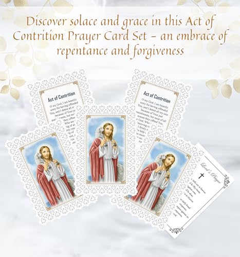 Trendzeen Act of Contrition Prayer Card - The Lord's Prayer Card - 5 Laminated Double Sided Jesus Christ the Good Shepherd Holy Cards with Beautiful Lace Style Print - Set of 6 Items
