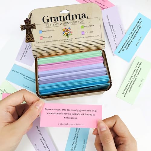Bible Verse Box for Grandma – 150 Inspirational Scripture Cards in Wooden Box for Stress, Love, Peace & Tiredness – Christian Gift for Women - color: Grandma Bible