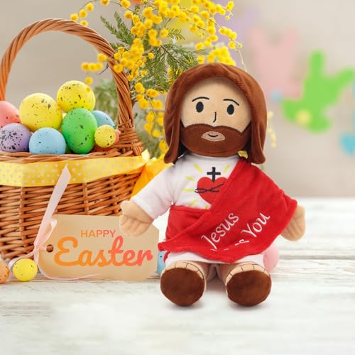 13" Jesus Loves You Plush Toy, Heart of Jesus Plushie Savior Stuffed Doll - color: Red With Text
