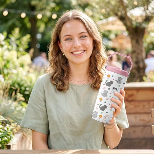 Hiboss Cat Tumbler with Handle and Flip Straw 28oz, Insulated Stainless Steel Cute Cats Travel Cup Mug, Christmas Birthday Gifts for Cat Lovers Kids Girls Teens Women - color: Cat