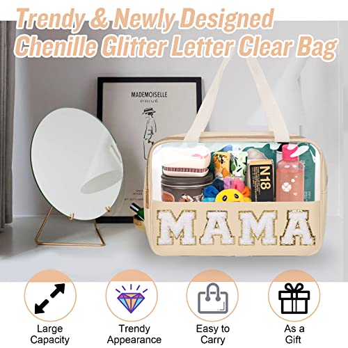 Preppy Clear Mama Makeup Bags with Chenille Letter Patches, Travel Essentials Large Clear Make up Bag Zipper Pouch with Handle, Waterproof Nylon Cosmetic Toiletry Storage Tote for Women (MAMA-Beige) - color: MAMA-Beige