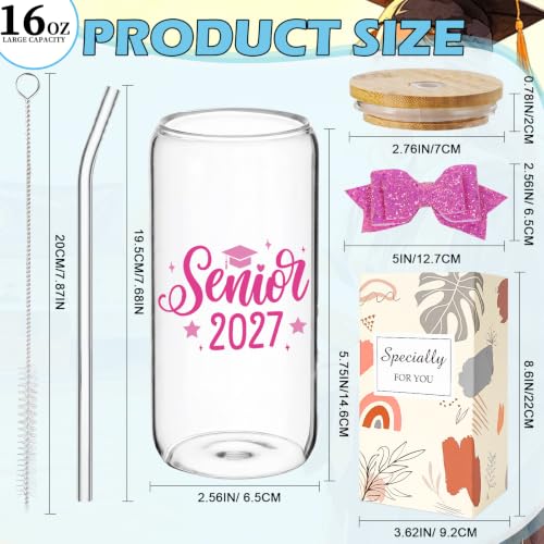 Class of 2027 Senior Gifts - Senior 2027 Pink Glass Tumbler with Glitter Bow, Graduation Gift for Girls Women Player College High School Daughter Friends Graduates - style: pink senior