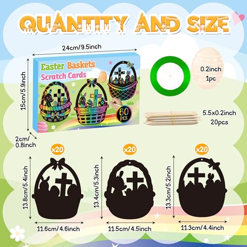 CY2SIDE 60PCS Religious Baskets with Egg Cross Scratch Card Gift Set DIY Christian Jesus is Risen Scratch Paper Craft for Kid Sunday School Activity Easter Bunny Magic Art Rainbow Color Paper Ornament - style: Easter Basket Cross