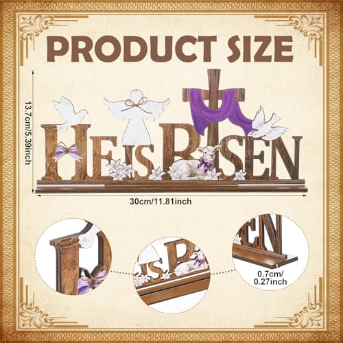Novabright Easter Religious Table Decoration He Is Risen Wooden Sign with Cross Lily Sheep Dove Easter for Rustic Christian Church Centerpieces Mantel Tiered Tray Fireplace Farmhouse Spring Decoration
