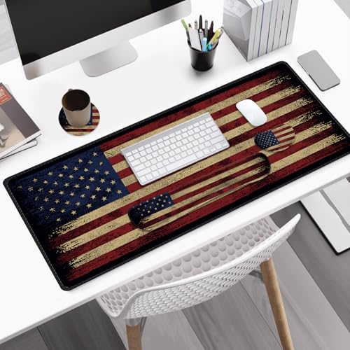 Desk Mat Pad, Gaming Mouse Pad Wrist Support Set, 4 in1 Non-Slip XXL Large Mousepad + Ergonomic Keyboard Wrist Rest+Mouse Wrist Rest+Coaster for Home Office PC Computer I Vintage American Flag - color: Vintage American Flag